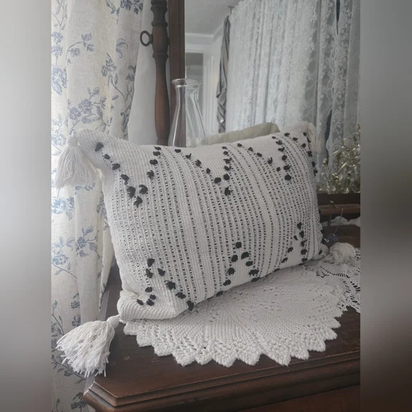 Cream Textured Tassel Pillow 12x20 – Black Woven Accents – Boho Farmhouse - Picture 3 of 6